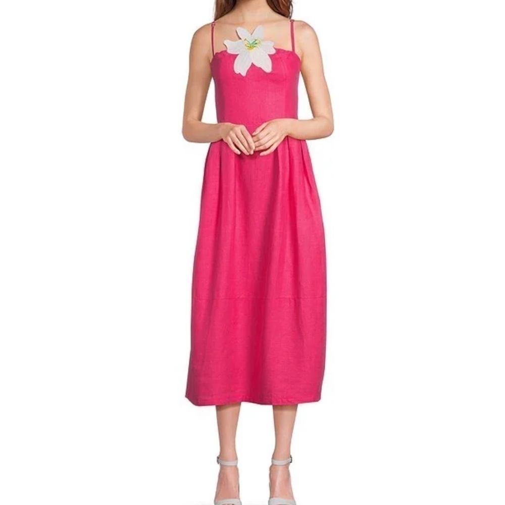 Fanm Mon LORR LINEN LATRICE DRESS Fuchsia Flower Embroidered Pleats Pockets $389 - Picture 3 of 12